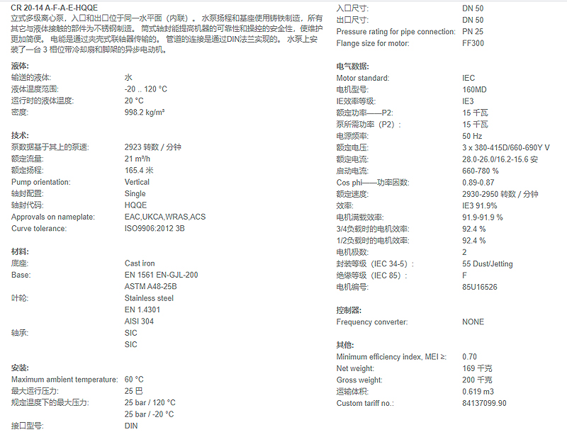 格兰富立式多级离心泵CR20-14 A-F-A-E-HQQE